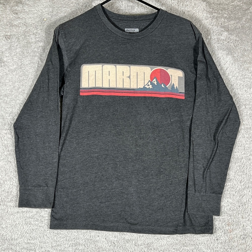 Marmot Graphic Tee Mens Small Gray Long Sleeve Mountain Logo Cotton Blend